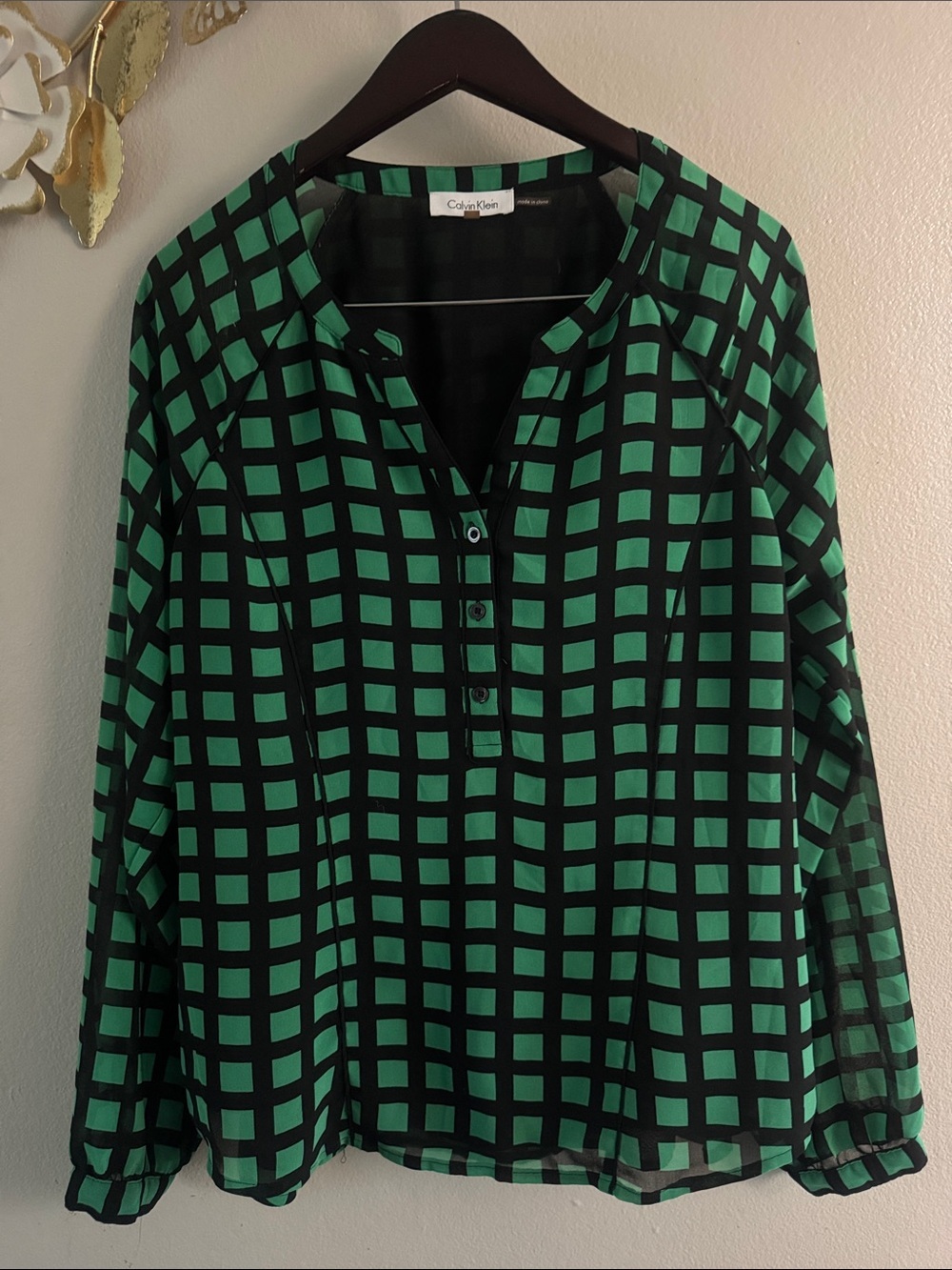 Calvin Klein Green and Black Checked Henley Top
